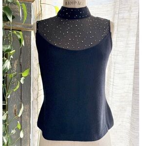 St John Sleeveless Top Black Semi Sheer Mesh with Iridescent Rhinestones Size 4